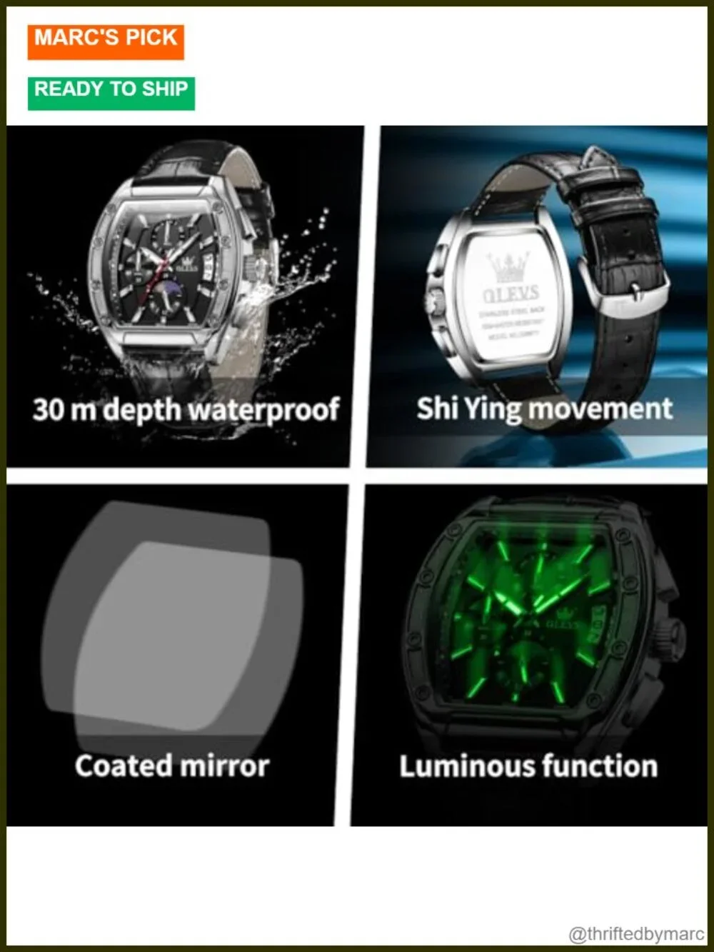 Mens Analog Quartz Chronograph Square Dress Watch Stainless Steel or Leather